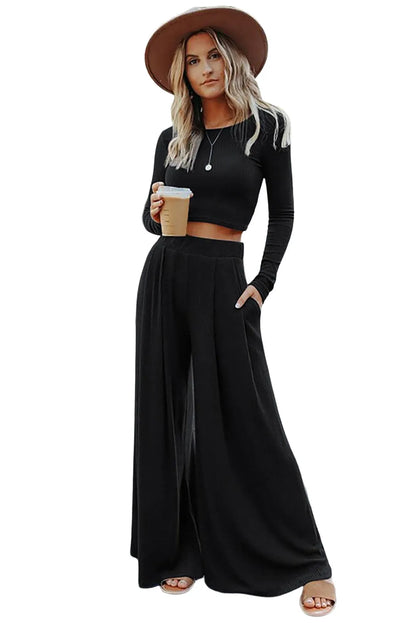 Black Solid Color Ribbed Crop Top Long Pants Set - Chic Meadow Boutique 