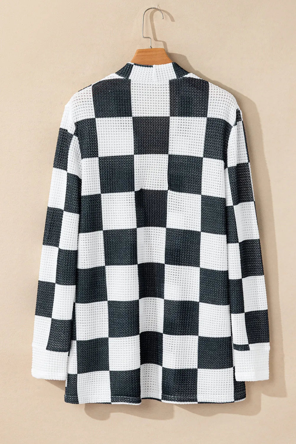 Black Checkered Waffle Knit Thumbhole Open Front Cardigan - Chic Meadow Boutique 