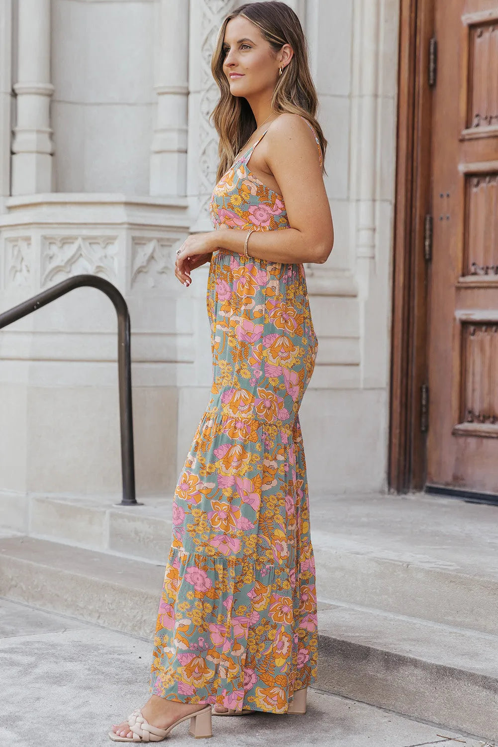 Sky Blue Adjustable Straps Floral Tiered Wide Leg Jumpsuit - Chic Meadow Boutique 