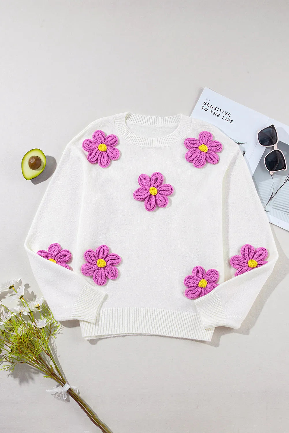 White Floral Crochet Chunky Knit Sweater - Chic Meadow Boutique 