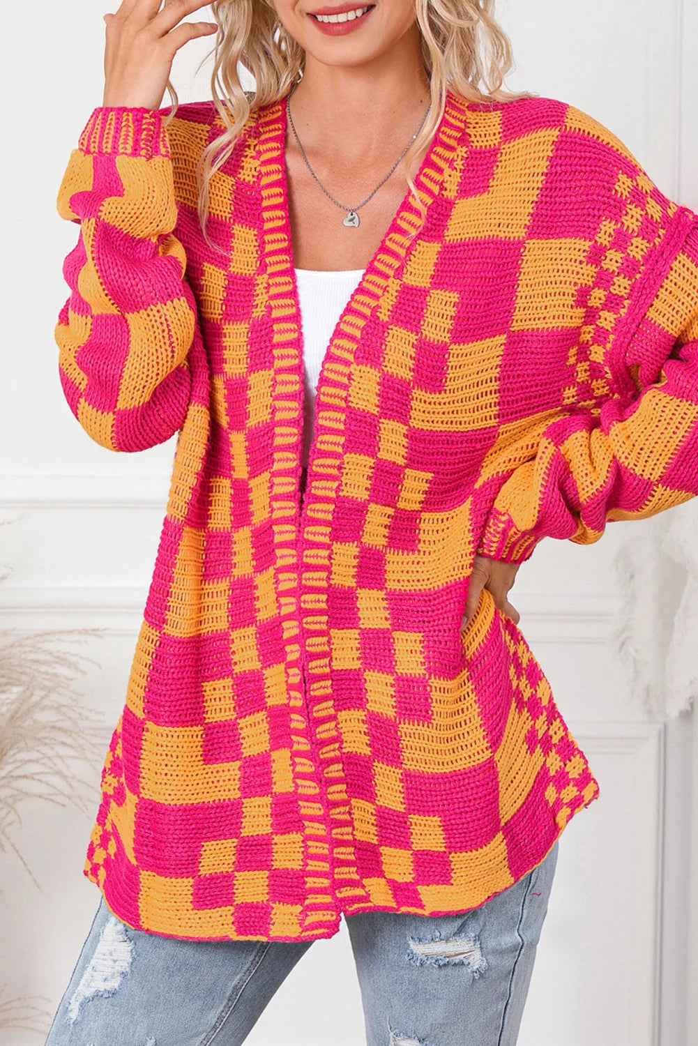 Multicolor Open Front Mixed Checkered Pattern Knit Cardigan - Chic Meadow Boutique 