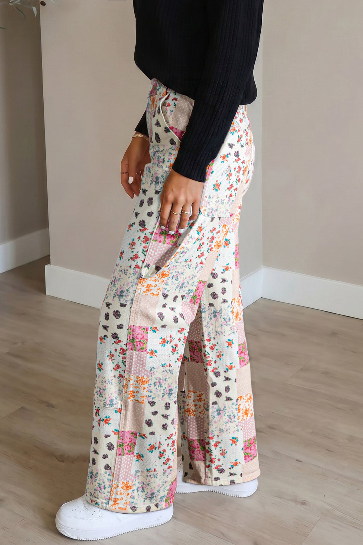 Pink Floral Patchwork Wide Leg Full Length Jeans