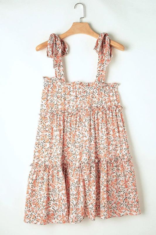 Dresses/Floral Dresses Orange / S / 100%Polyester Orange Floral Knotted Straps Tiered Babydoll Dress