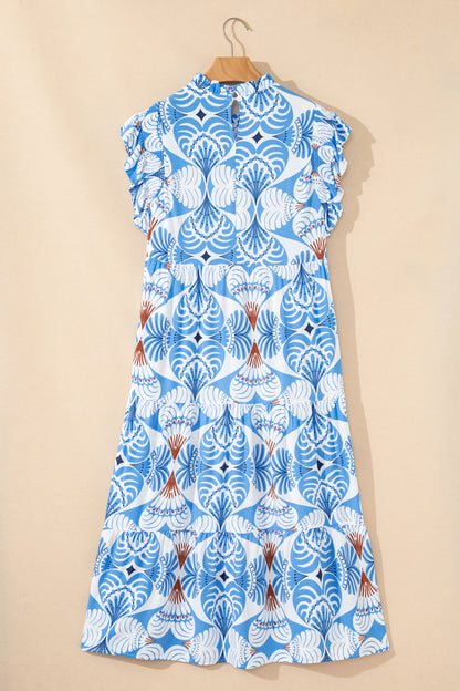 Sky Blue Tropical Botanic Print Flutter Sleeve Vacation Long Dress