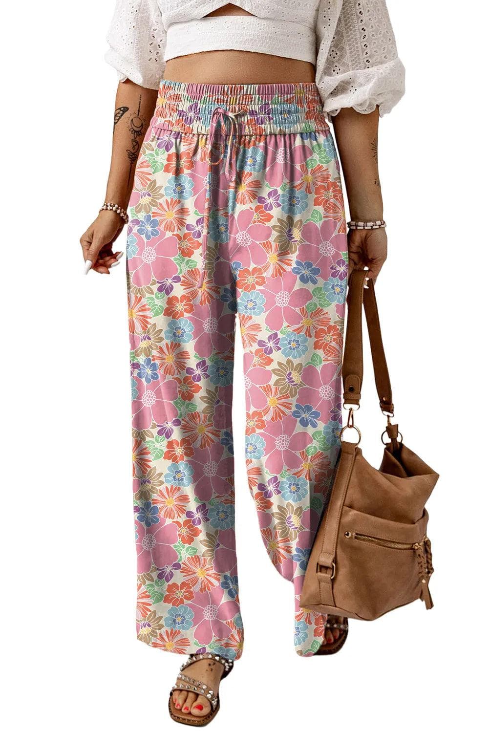 Pink Floral Smocked Waist Loose Pants - Chic Meadow Boutique 