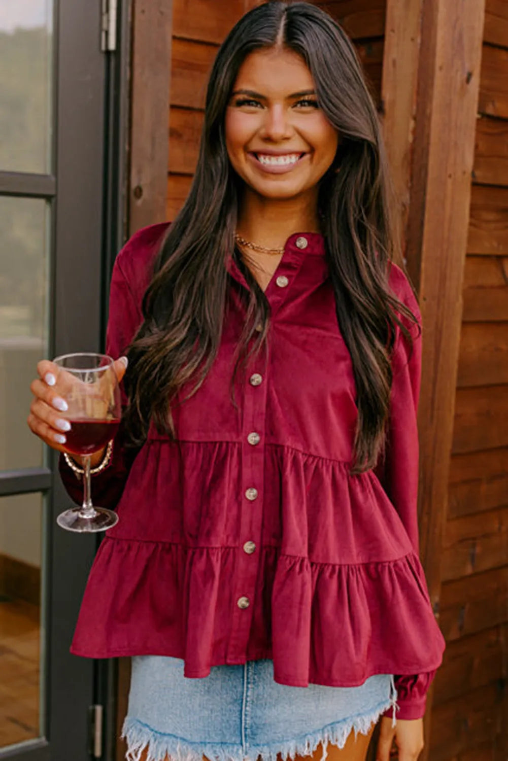 Burgundy Corduroy Ruffle Tiered Buttoned O Neck Shirt - Chic Meadow Boutique 