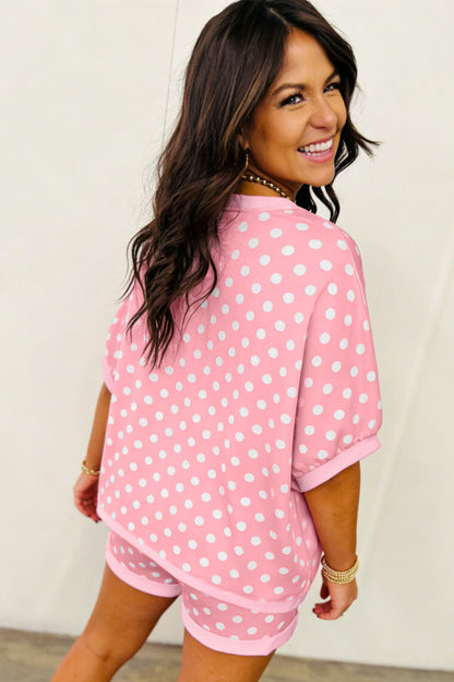 Pink Polka Dot Oversized Top Drawstring Short Set