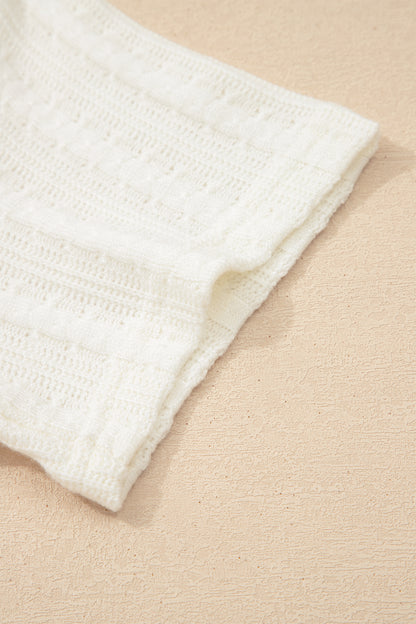 White Solid Color Textured Button V Neck Raw Seam Henley Tee