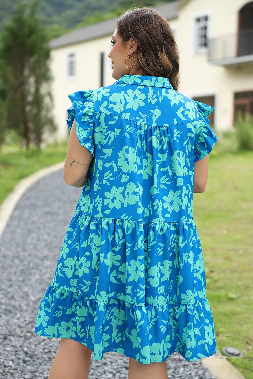 Sky Blue Plus Size Floral Print Flutter Sleeve Buttoned Mini Dress - Chic Meadow Boutique 