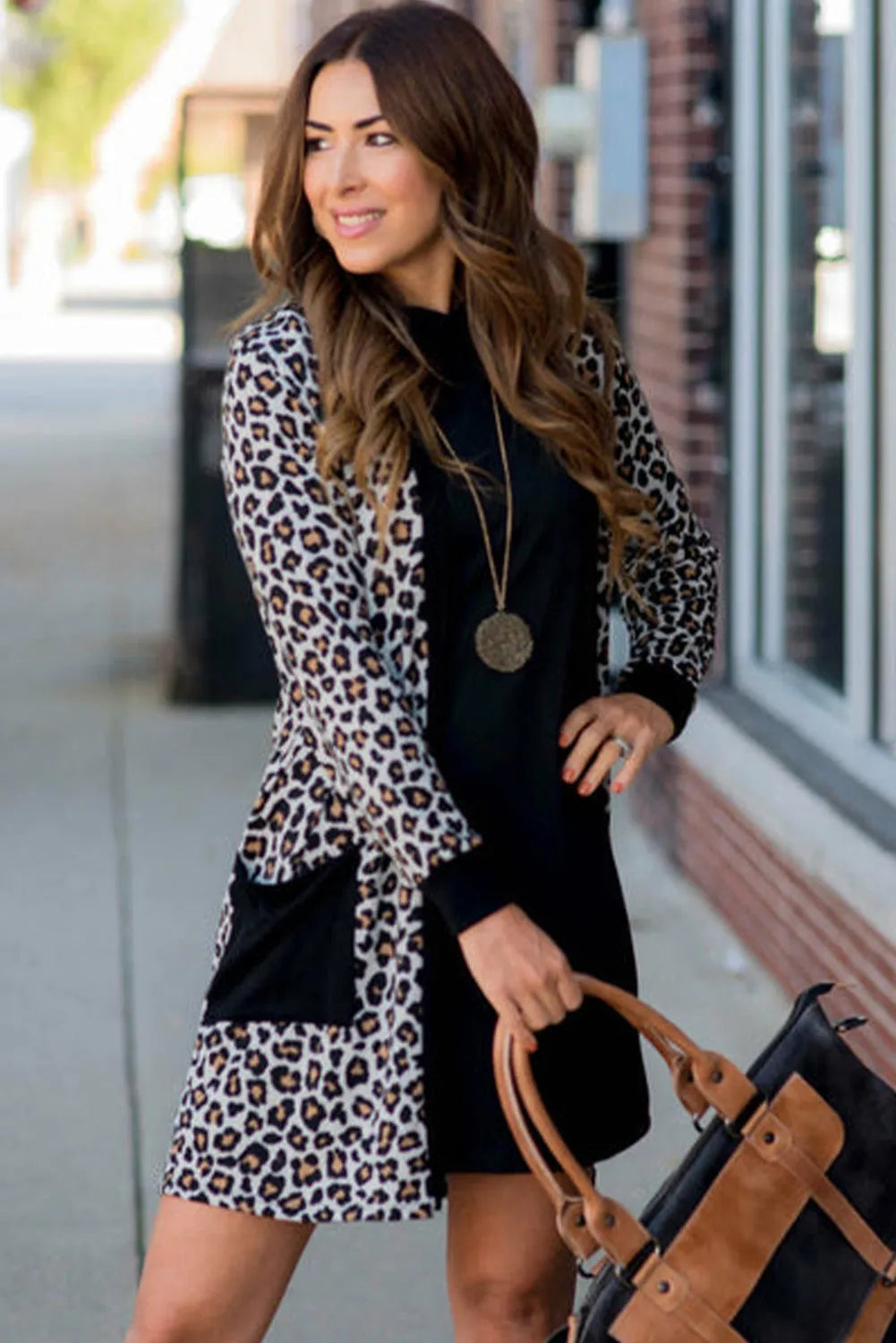 Black Leopard Patched Pocket Open Front Cardigan - Chic Meadow Boutique 