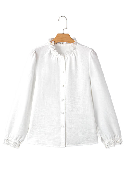 White Lace Patchwork Buttoned Stand Neck Loose Shirt