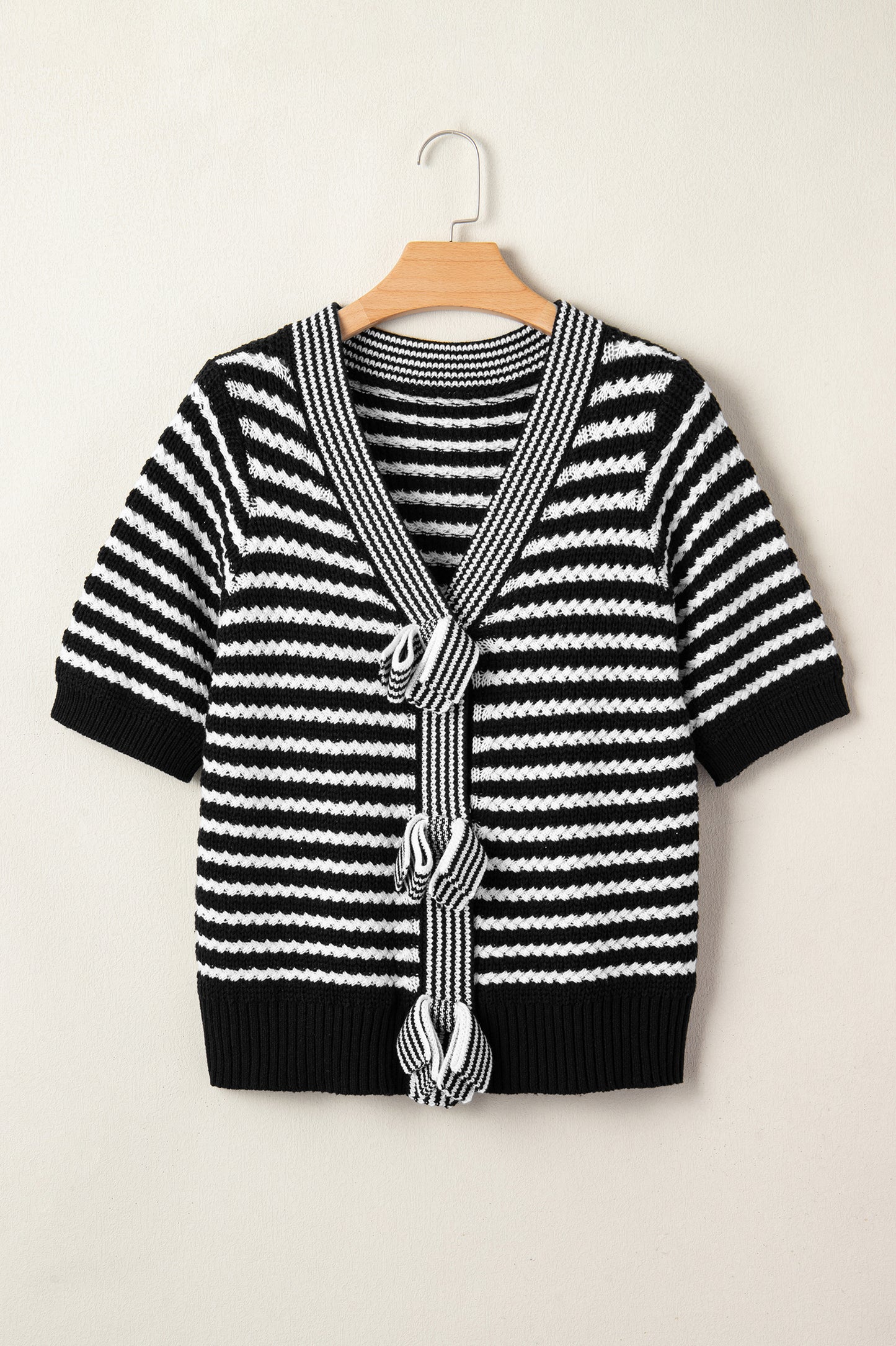Black Stripe Short Sleeve Knit V Neck Bow Knot Sweater