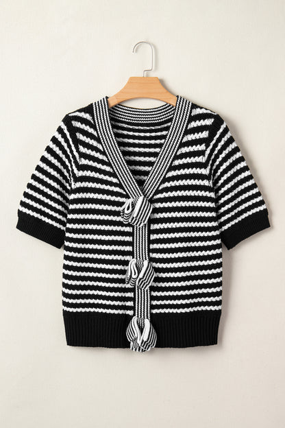 Black Stripe Short Sleeve Knit V Neck Bow Knot Sweater