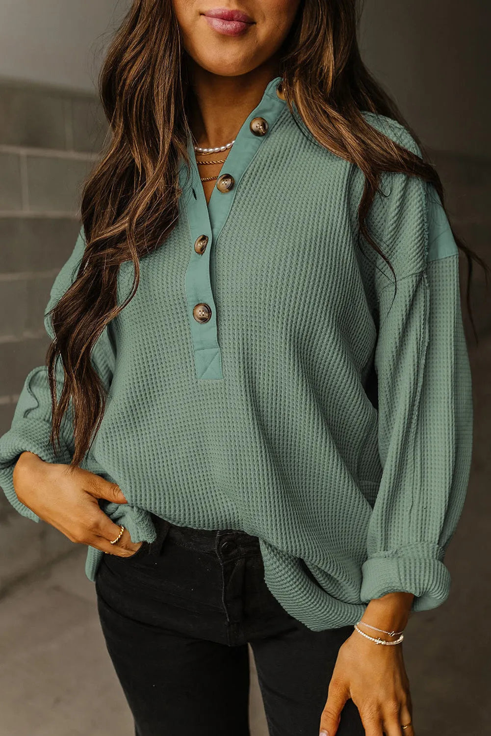 Smoke Green Waffle Long Sleeve Collar Half Button Loose Top - Chic Meadow Boutique 