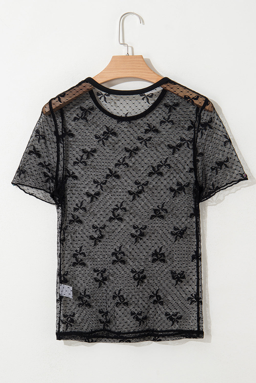 Black Bow Knot Dotted See-through Mesh Patched Slim Fit Blouse