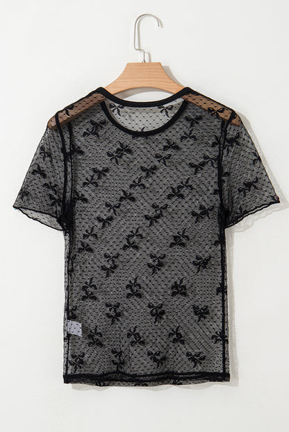 Black Bow Knot Dotted See-through Mesh Patched Slim Fit Blouse