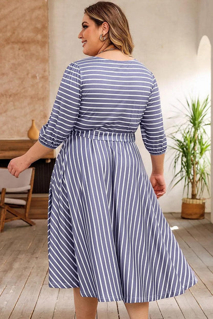 Plus Size/Plus Size Dresses/Plus Size Midi Dresses Gray Striped Tie Waist 3/4 Sleeve Plus Size Dress