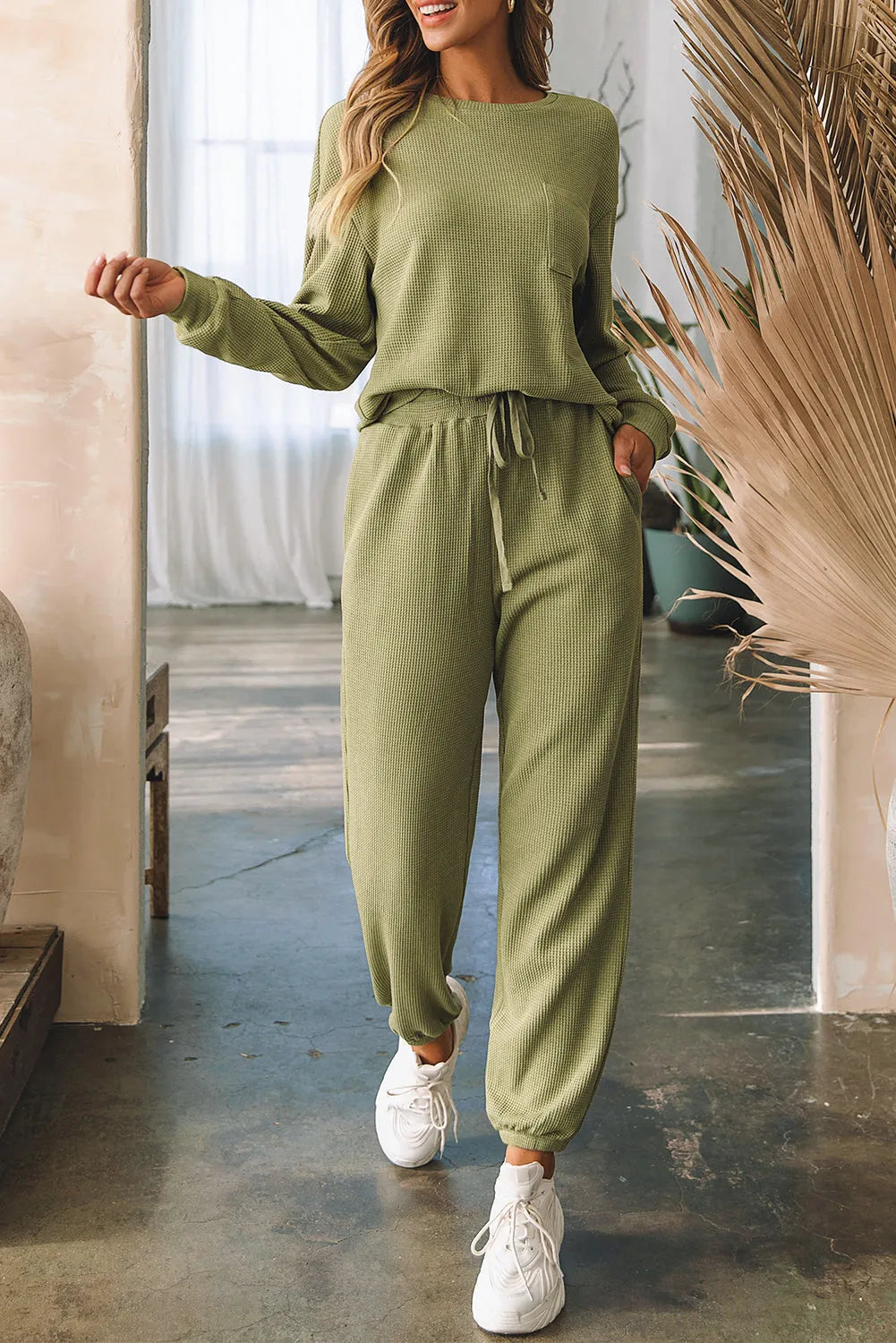 Laurel Green Waffle Knit Long Sleeve Top Drawstring Joggers Set - Chic Meadow Boutique 