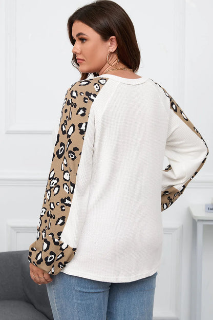 Beige Printed Plus Size Waffle Knit Contrast Leopard Long Sleeve Top - Chic Meadow Boutique 