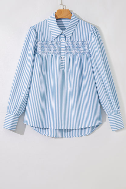 Sky Blue Stripe Shirred Detail Half Placket Collared Long Sleeve Fall Shirt