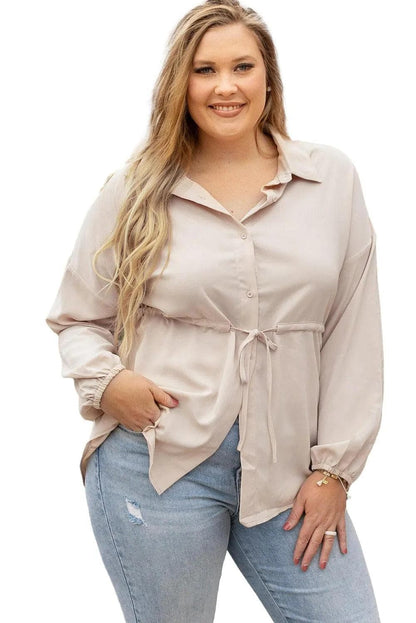 Plus Size/Plus Size Tops/Plus Size Blouses & Shirts Light French Beige Plus Size Puff Sleeve Tied Tunic Shirt