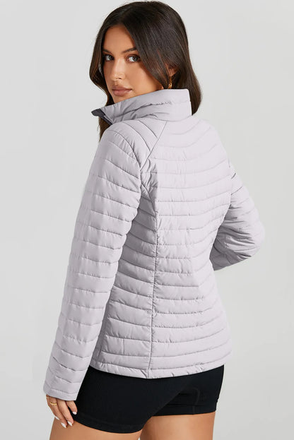 Silvery Solid Color Quilted Zip-up Puffer Jacket - Chic Meadow Boutique 