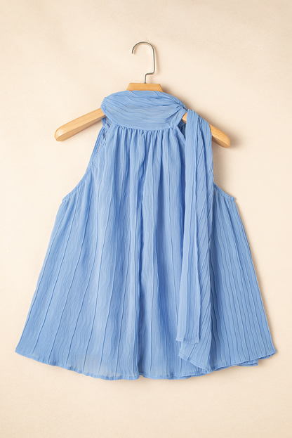 Myosotis Textured Pleated Tied Mock Neck Flowy Tank Top