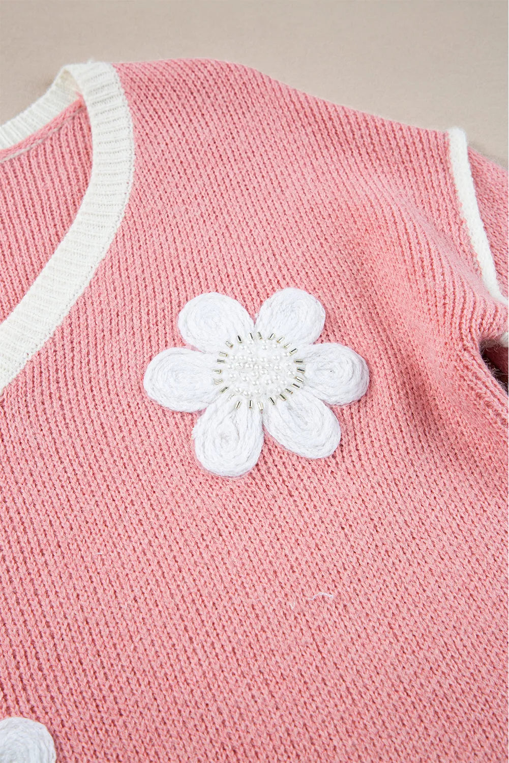 Sweaters & Cardigans/Sweaters Pink Flower V Neck Dropped Shoulder Sweater