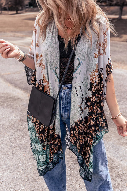 Green Boho Floral Print Irregular Hem Flowy Kimono - Chic Meadow Boutique 