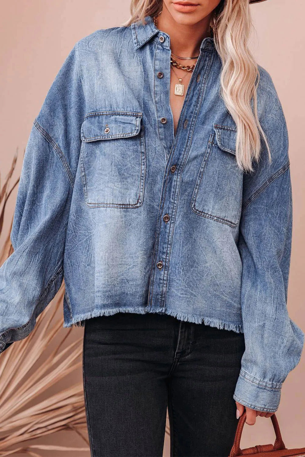 Sky Blue Flap Pockets Raw Hem Denim Shacket - Chic Meadow Boutique 