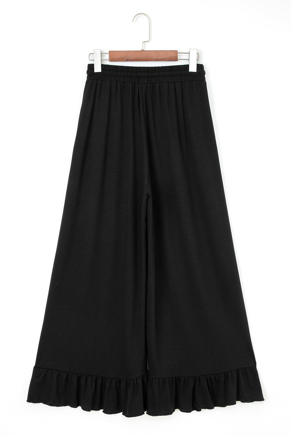 Black Ruffled Wide Leg Pull On High Waist Pants with Pockets