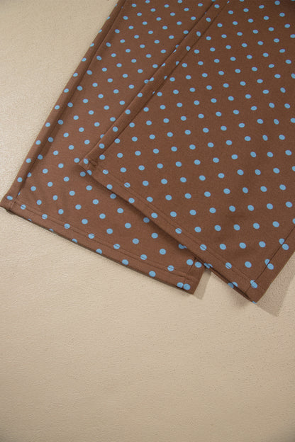 Brown Polka Dot Round Neck Long Sleeve Plus Size Set
