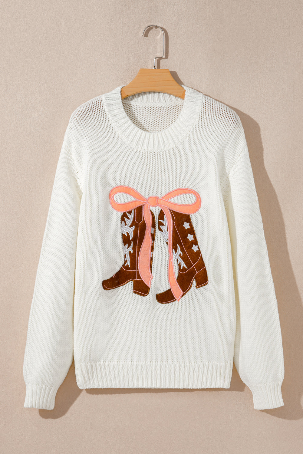 White Embroidered Bow Boots Graphic Drop Shoulder Sweater
