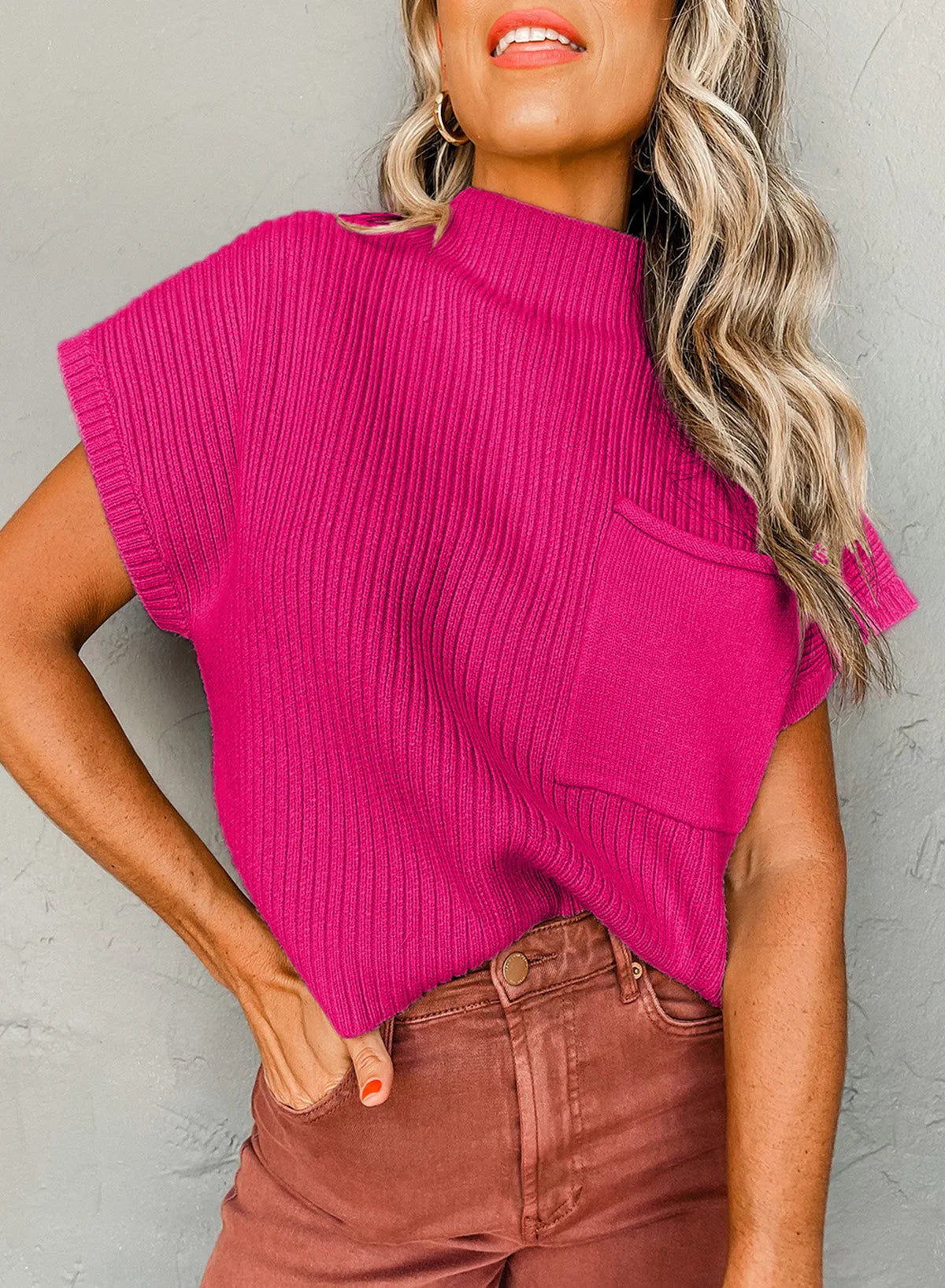 Rose Red Patch Pocket Ribbed Knit Short Sleeve Sweater - Chic Meadow Boutique 