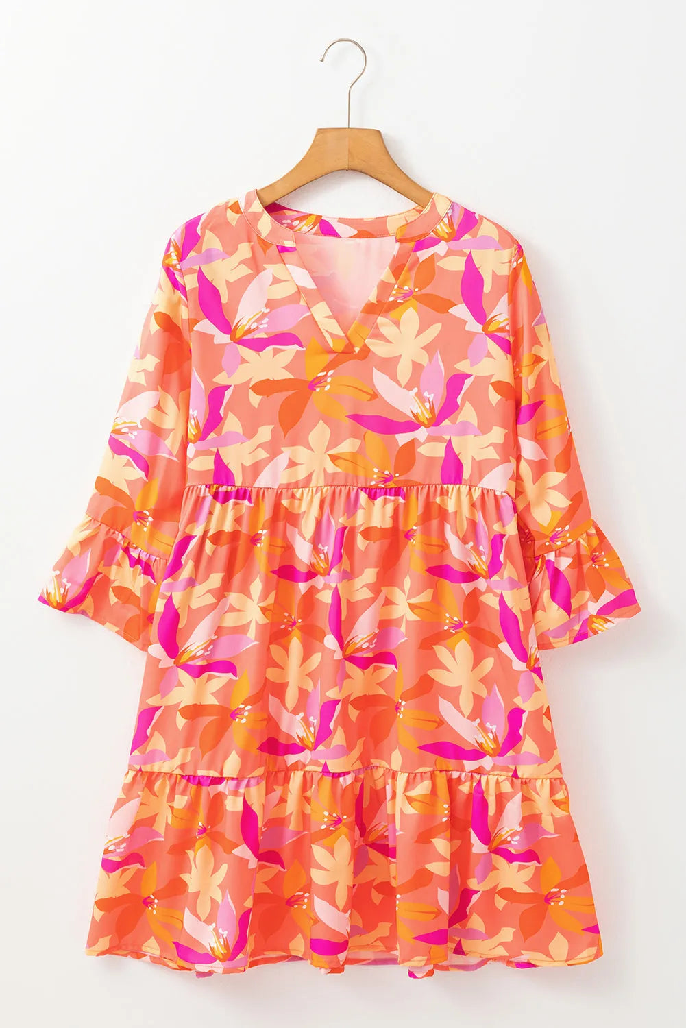 Orange Abstract Print Ruffled Sleeve V Neck Dress - Chic Meadow Boutique 