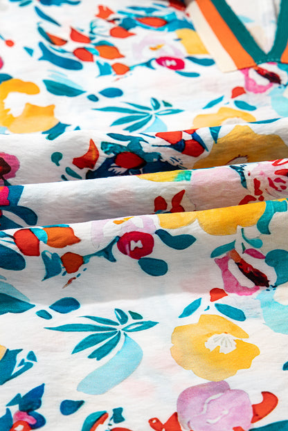 Peacock Blue Floral Print Slit V Neck Short Sleeve Blouse