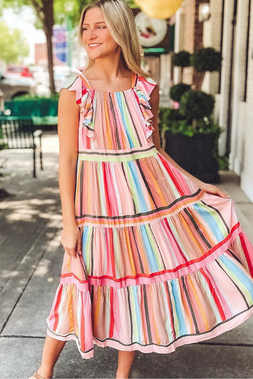 Pink Rainbow Stripe Ruffles Ruched Tiered Dress - Chic Meadow Boutique 