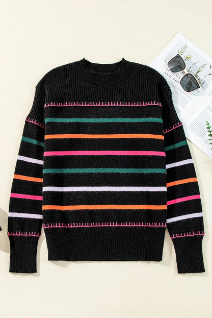 Black Colorful Striped Ribbed Trim Sweater - Chic Meadow Boutique 