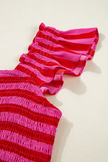 Rose Stripe Flutter Sleeve Smocked Bodice Tiered Maxi Dress