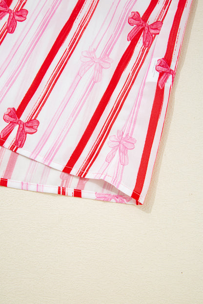 Pink Ric-rac Trim Ruffled Sleeve V Neck Bow Striped Printed Blouse