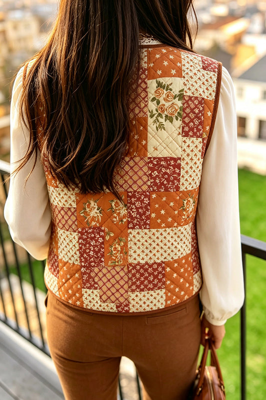 Golden Fleece Quilted Floral Patchwork Contrast Trim V Neck Button Vest