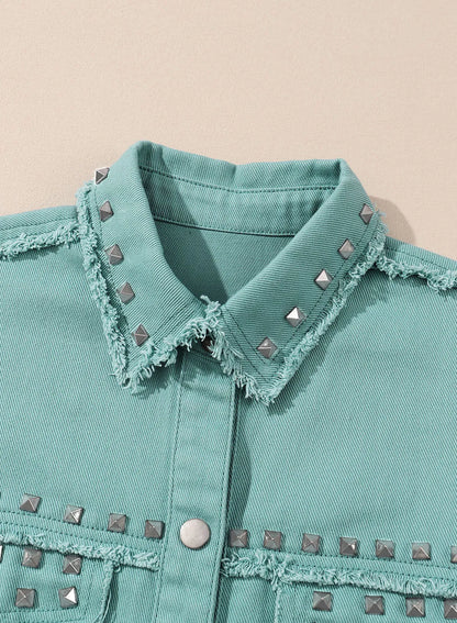 Mist Green Frayed Trim Riveted Denim Jacket - Chic Meadow Boutique 