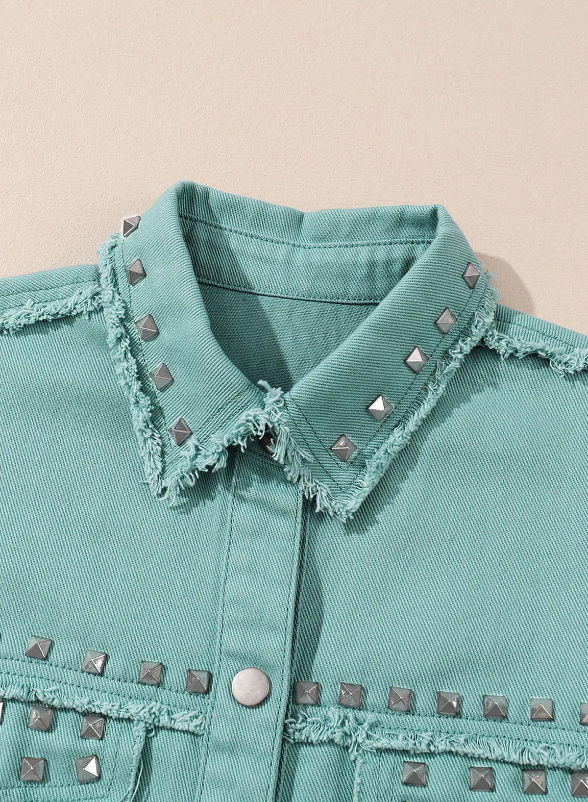 Outerwear/Denim jackets Mist Green Frayed Trim Riveted Denim Jacket