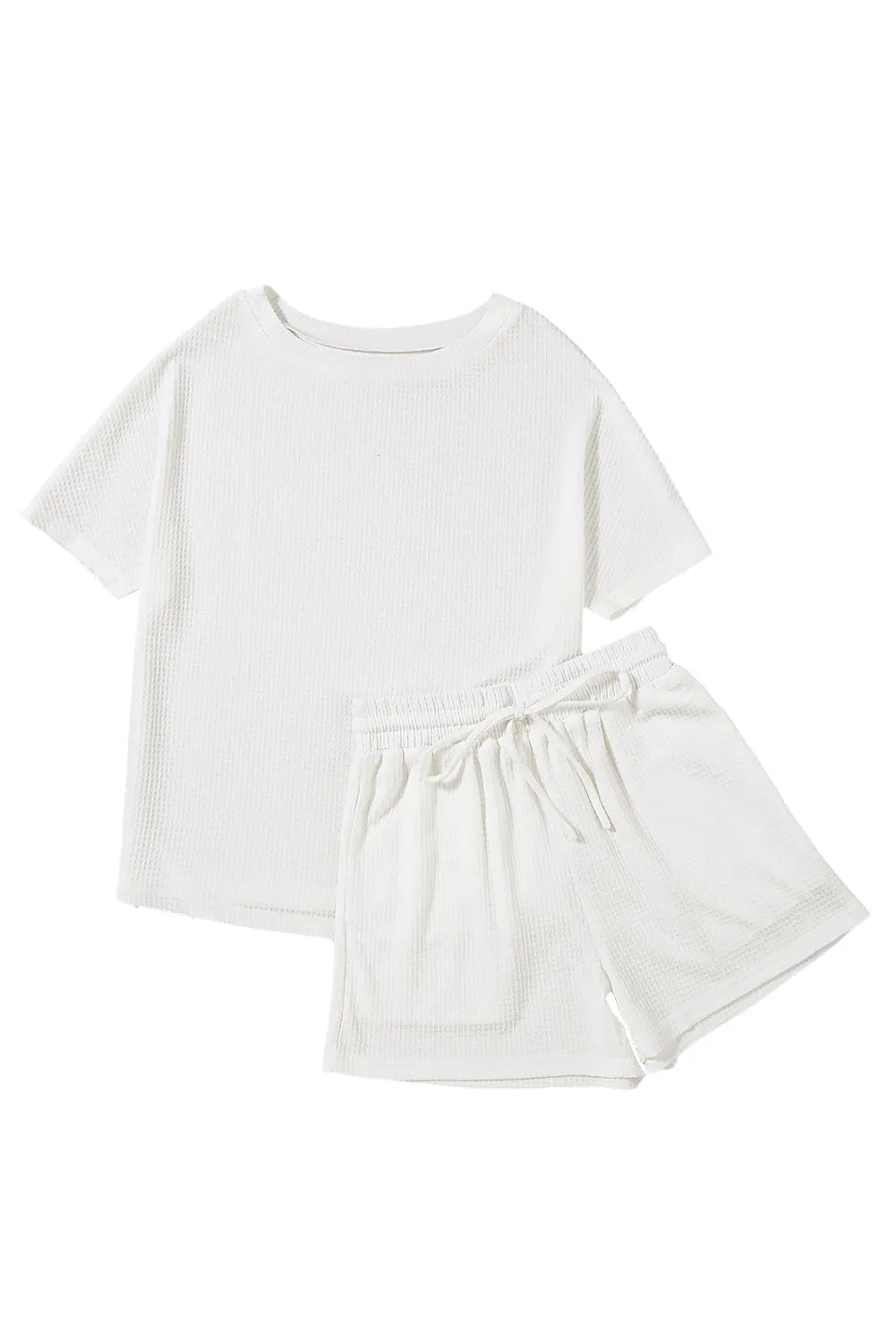 Two Piece Sets/Short Sets White Casual Textured Tee and Drawstring Shorts Set