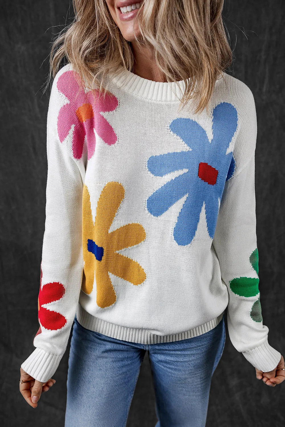 White Colorful Big Flower Pattern Crewneck Sweater - Chic Meadow Boutique 