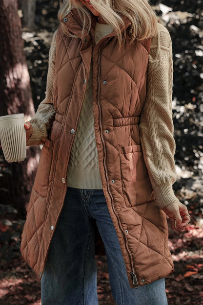 Coffee Longline Quilted Stand Collar Puffer Vest - Chic Meadow Boutique 