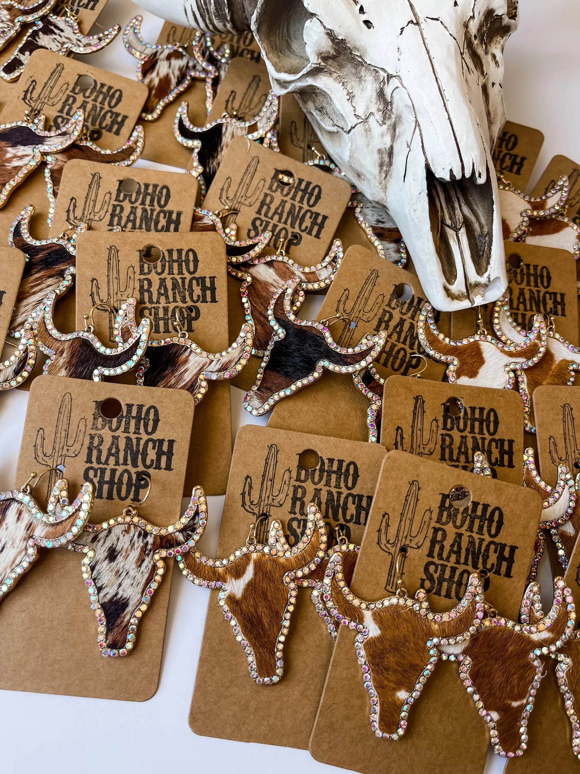 Western Cowhide Bling Steer Longhorn Earrings - Chic Meadow Boutique 