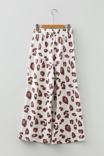 Beige Drawstring Leopard Print Patch Pocket Loose Pants