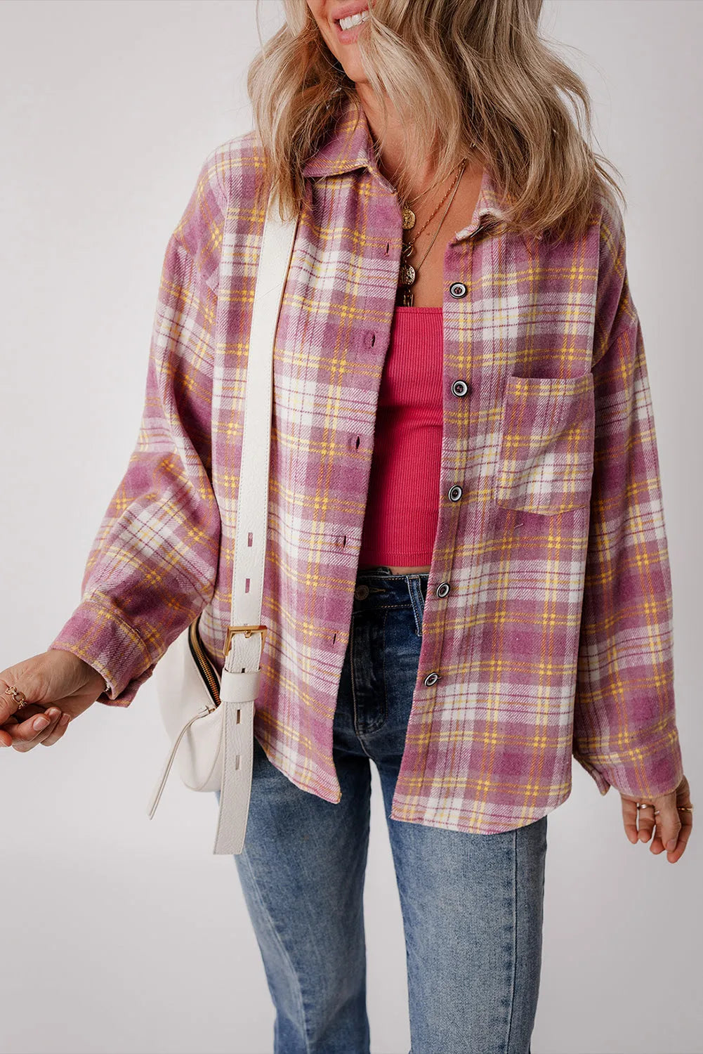 Pink Plaid Print Chest Pocket Long Sleeve Shacket - Chic Meadow Boutique 