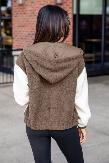 Brown Colorblock Hooded Zip-Up Pocketed Sherpa Jacket - Chic Meadow Boutique 